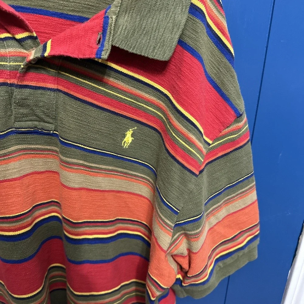 Polo Ralph Lauren Mens L Striped Polo Green Orange Red Yellow Pony 90s‎ Urkel
